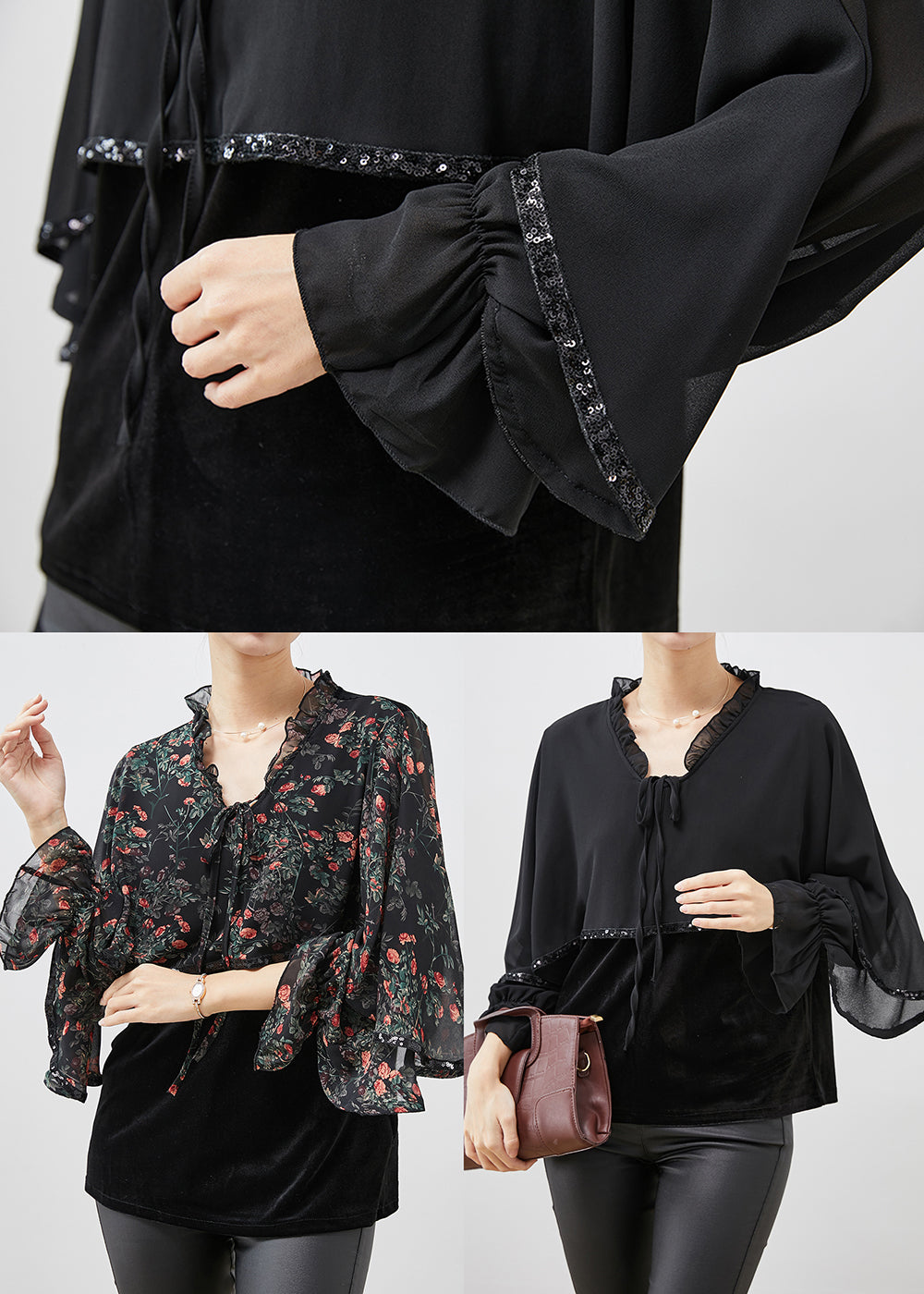 Black Print Ruffled Patchwork Velour Chiffon Shirt Spring