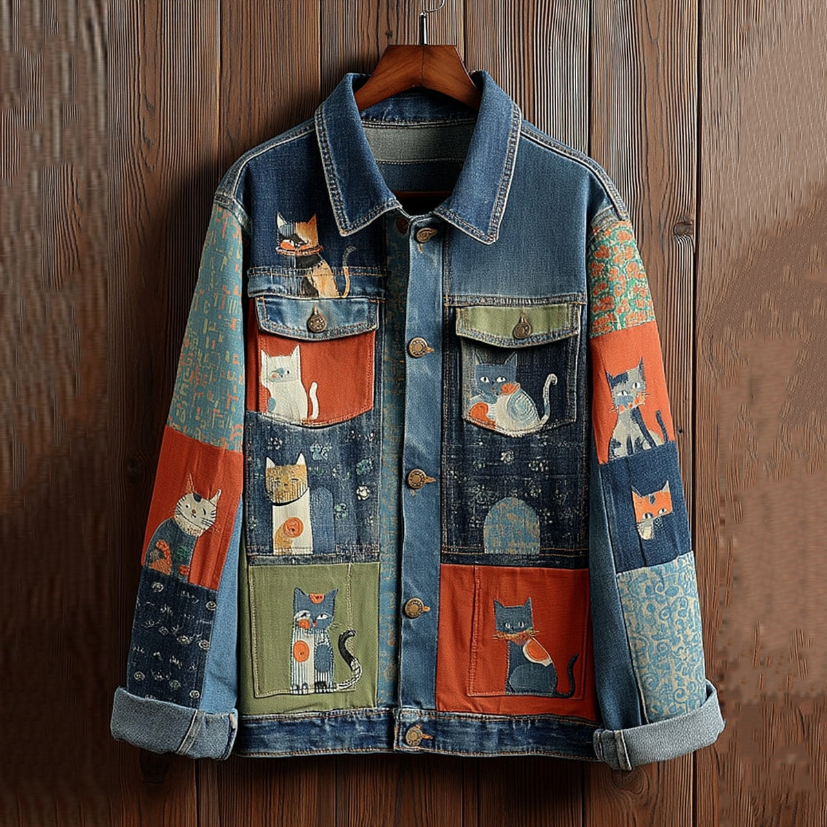 Comstylish Women's Cute Sashiko Embroidery Patchwork Cat Denim Jacket
