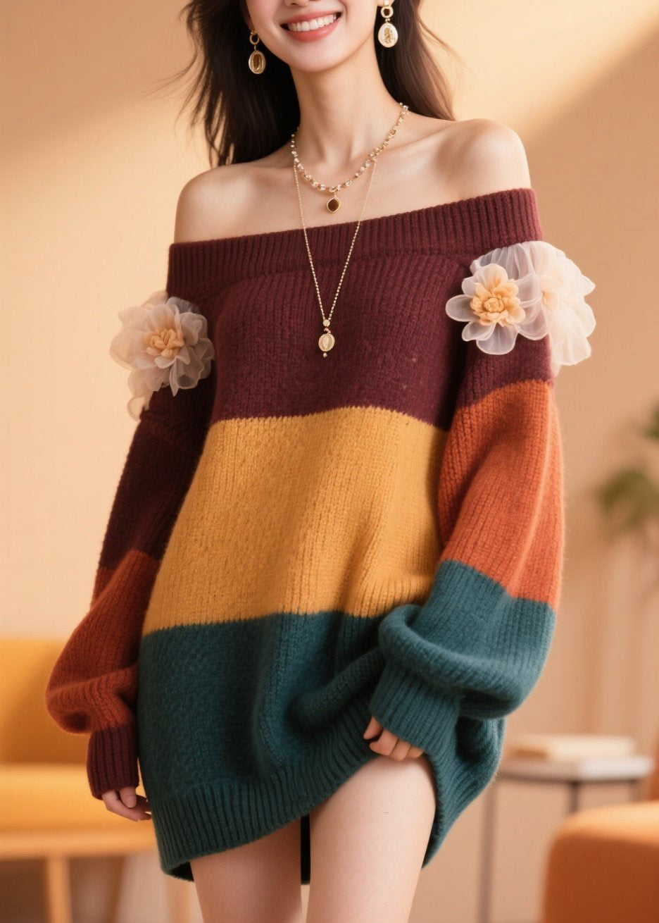Handmade Colorblock Cold Shoulder Patchwork Knit Sweater Fall