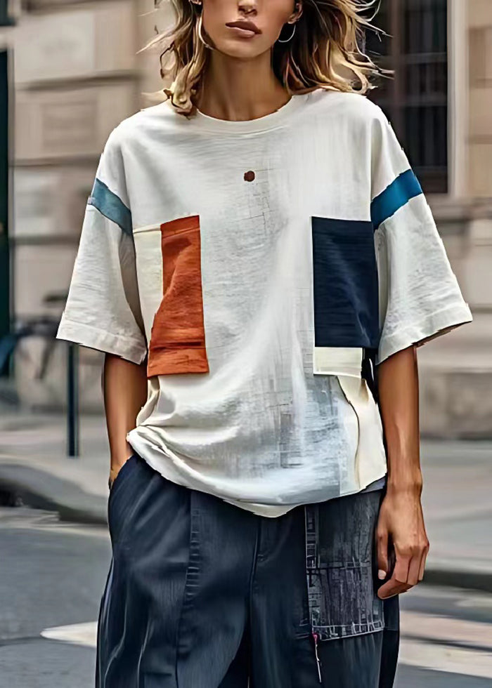 Diy White Oversized Patchwork Applique Linen Tops Summer