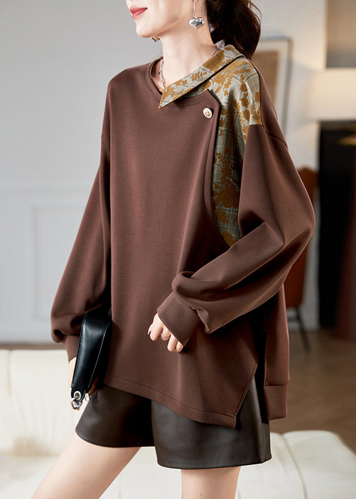 Loose Coffee O-neck Print Side Open Sweatshirts Spring