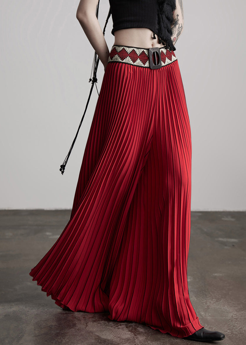 Red Waist Flower Splicing Pleated Wide Leg Pants Spring