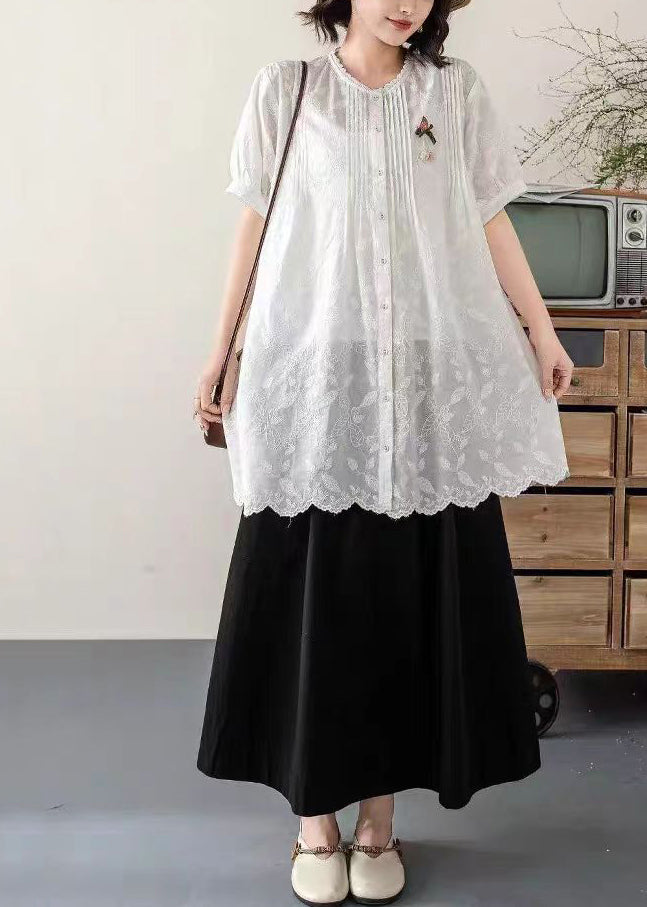 White Embroidered Cotton Long Blouses Summer