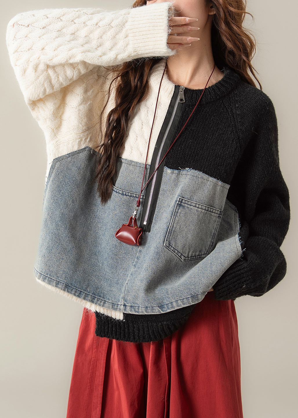 Black Zip Up Denim Patchwork Knit Sweater Spring
