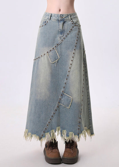 Blue Tasseled Patchwork Rivet Denim a Line Skirt Spring