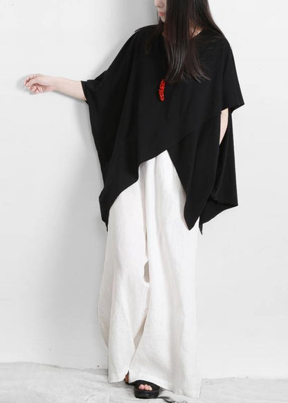 Black Cotton O Neck Asymmetric Tee