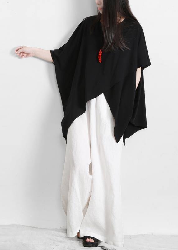 Black Cotton O Neck Asymmetric Tee