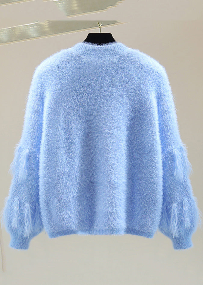 Handmade Blue Nail Bead Patchwork Tassel Cotton Knit Sweaters Winter