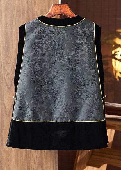 Black O-neck Embroideried Silk Patchwork Waistcoat Sleeveless