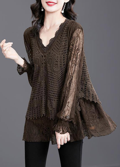 Coffee Ruffled Hollow Out Patchwork Knit Shirt Tops Fall