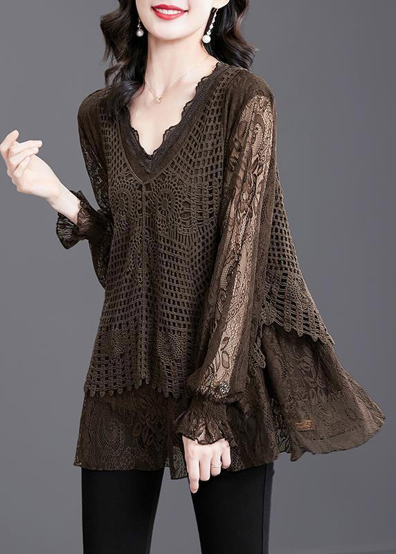 Coffee Ruffled Hollow Out Patchwork Knit Shirt Tops Fall