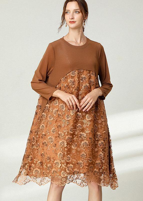 Fitted Khaki Tulle Jacquard Hollow Out Fall Long Sleeve Maxi Dress