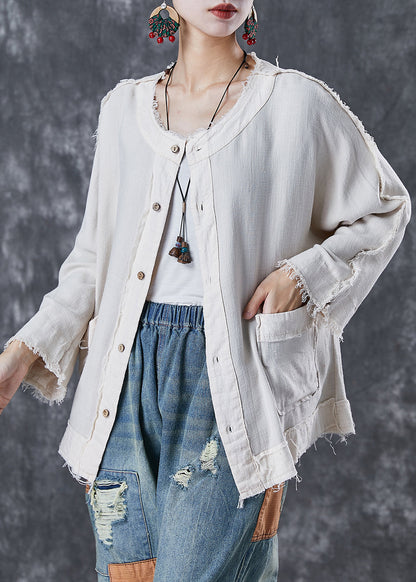 White Oversized Pockets Linen Jacket Fall