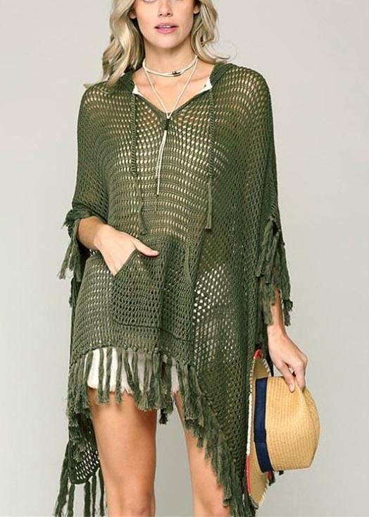 Organic Army Green Knit Fabric Hooded Tassel Beach Gown Holiday Dress