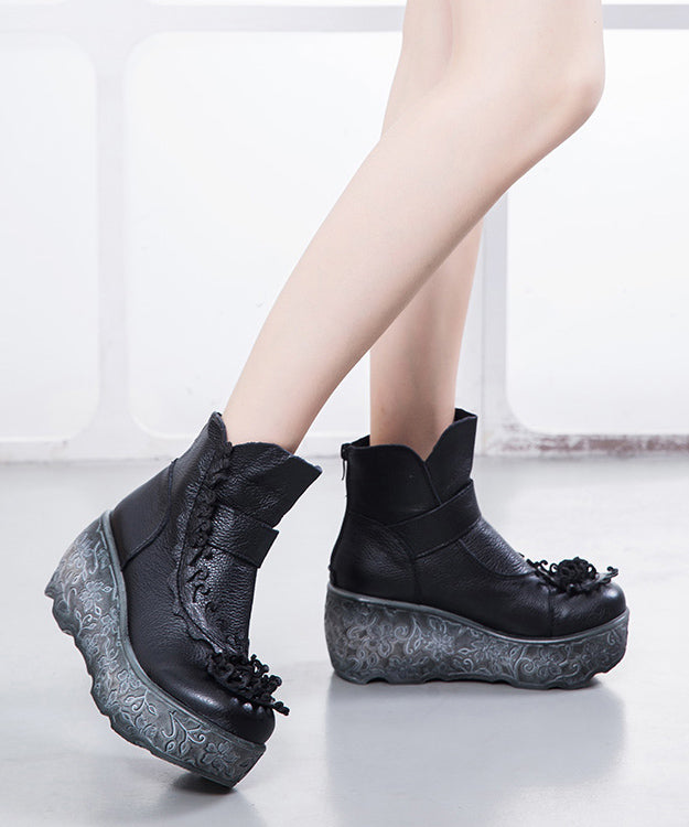 Handmade Splicing Wedge Boots Black Cowhide Leather