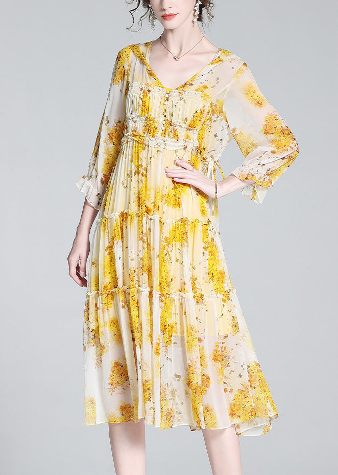 Yellow V Neck Print Patchwork Button Silk Long Dress Spring