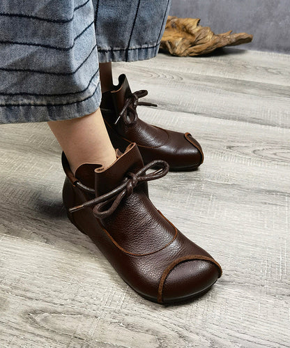 Brown Cowhide Leather Ankle Boots Lace Up Soft Splicing