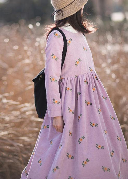 Vivid Pink Embroidery Dress O-neck Long Spring Dresses