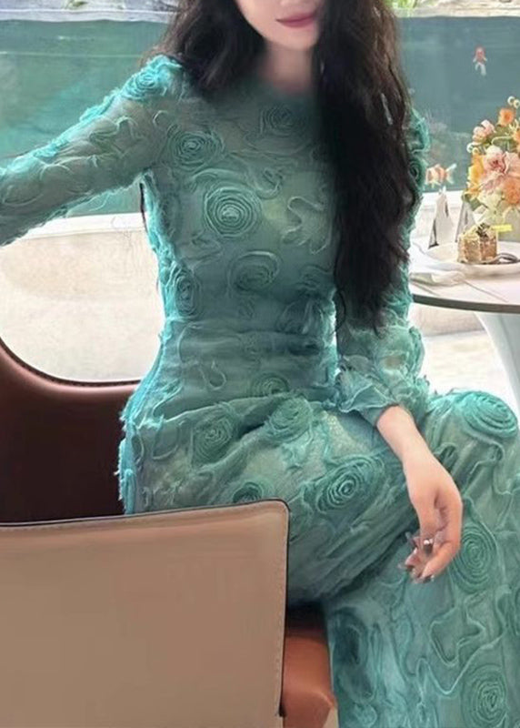 Green O-neck Tulle Maxi Dress Spring