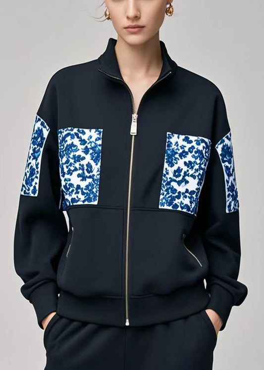 Black Stand Collar Patchwork Print Cotton Coats Fall