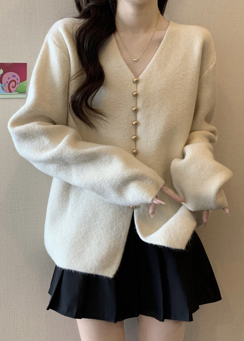 Simple White Oversized Single Breasted Knit Sweater Tops Fall