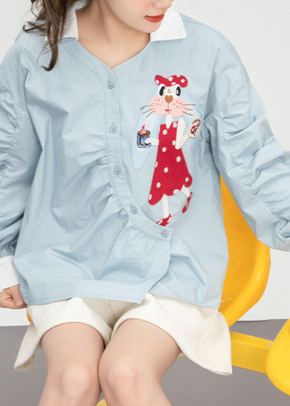 Light Blue Embroideried Button Cotton Shirts Spring