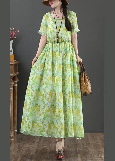Green Print Linen Tie Waist Summer Dress