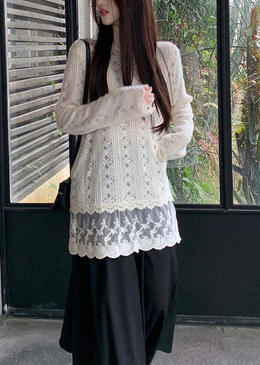 Apricot Hign Neck Lace Patchwork Knit Sweater Winter