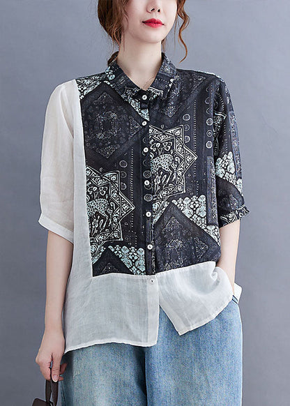 Black Peter Pan Collar Button Patchwork Print Fall Shirt Half Sleeve