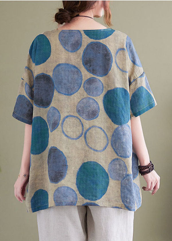 Blue O-neck Print Linen Tank Tops for Short Sleeve