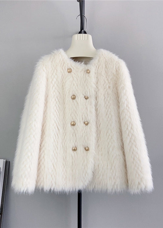Beige O Neck Double Breast Mink Cashmere Coats Winter