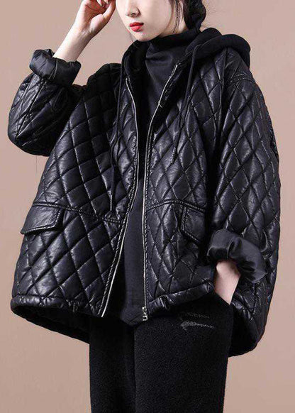 Black Hooded Zippered Patchwork Winter Winter Coats Long Sleeve