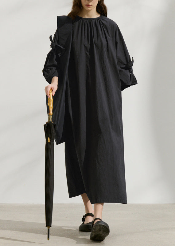 Black O Neck Bow Loose Cotton Dress Summer