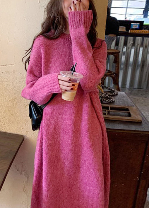 Rose O-neck Thick Cozy Loose Knit Sweater Dress Winter