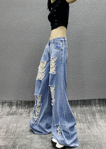 Blue Bead Decorated Pockets Ripped Denim Wide Leg Pants Fall