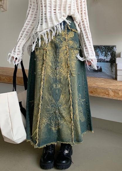 Modern Blue Print Pockets Denim a Line Skirt Spring