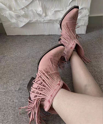 Splicing Chunky Boots Embroidered Pink Faux Leather