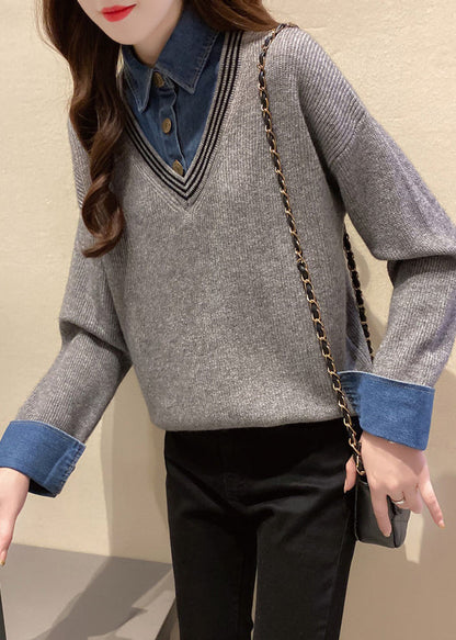 Khaki Peter Pan Collar Denim Patchwork False Two Pieces Knit Shirt Fall