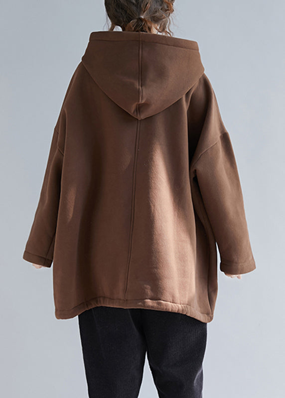 Chocolate Colour Pockets Drawstring Cotton Hooded Pullover Long Sleeve