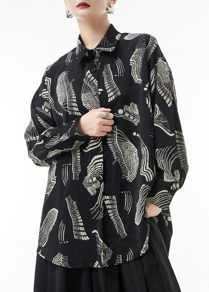 Black Button Peter Pan Collar Chiffon Blouses Spring
