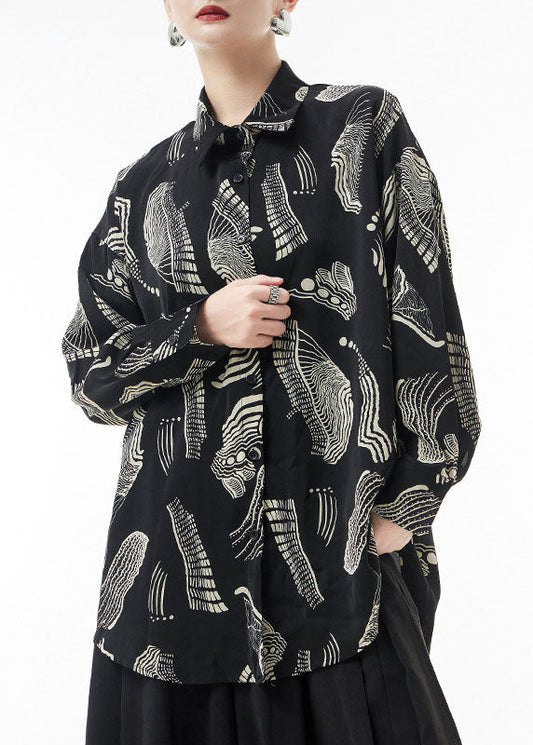 Black Button Peter Pan Collar Chiffon Blouses Spring