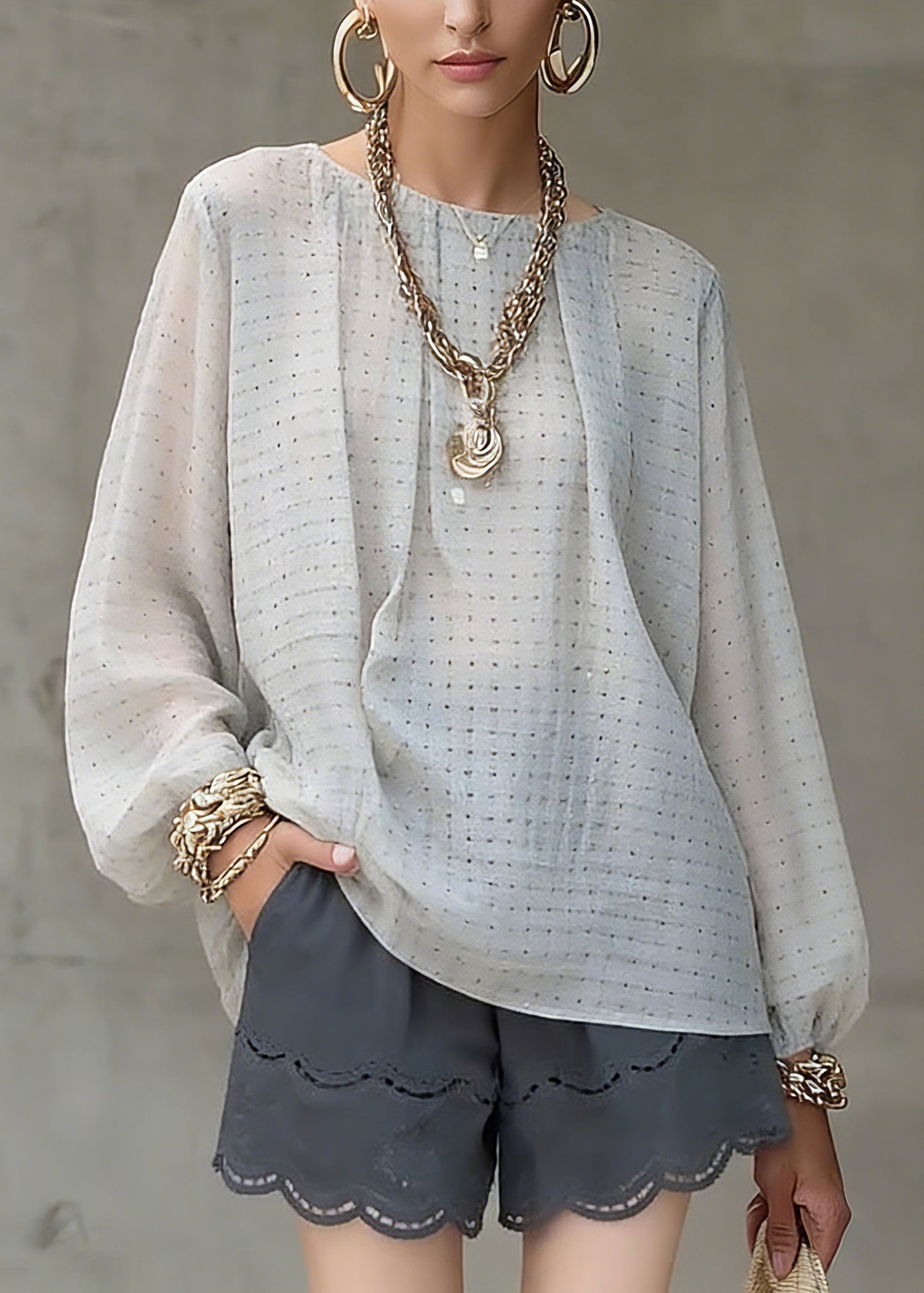 Grey Dot Print Top Lantern Sleeve