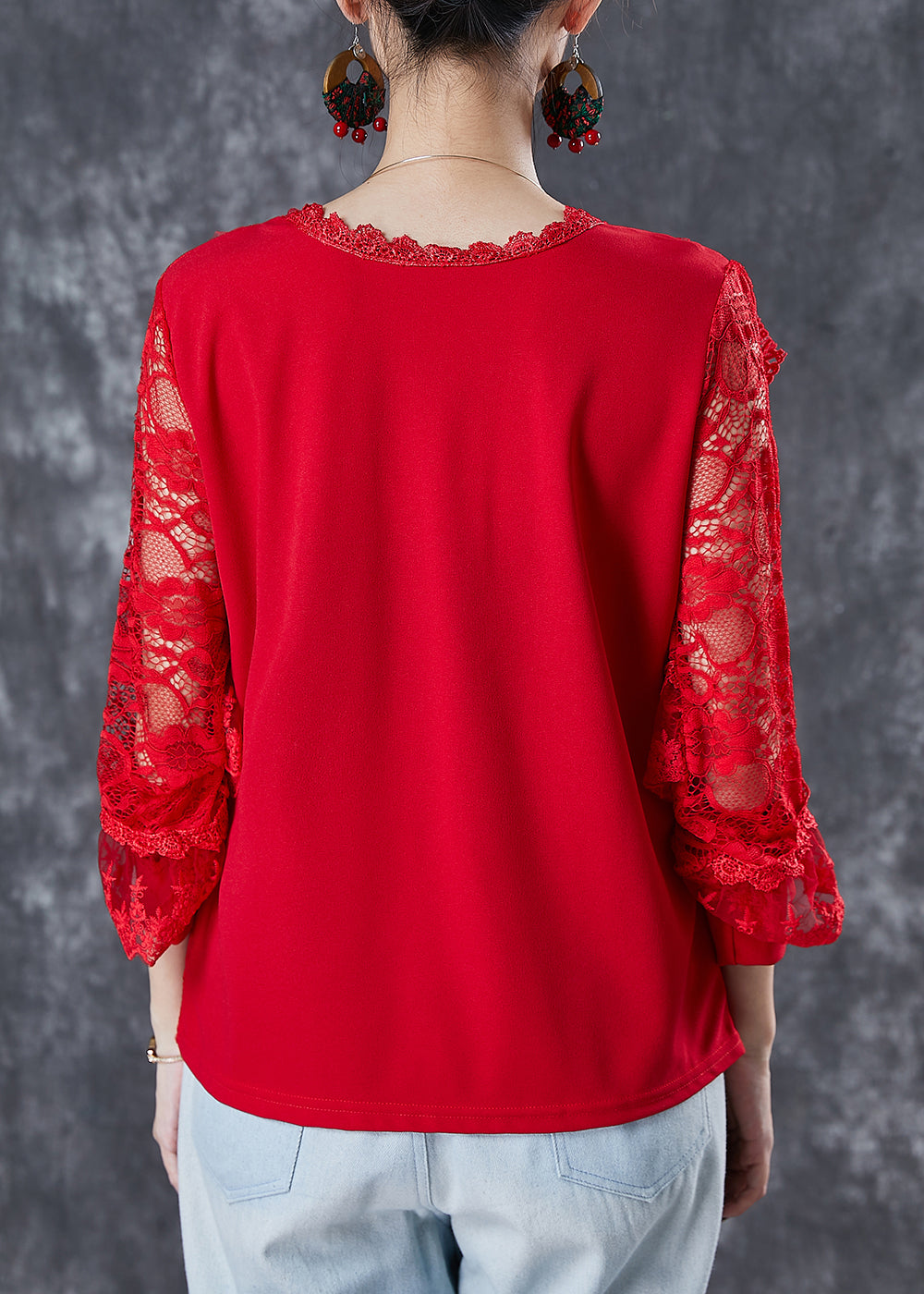 Red Hollow Out Nail Bead Lace Shirt Top Summer