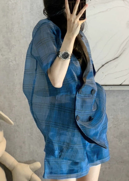 Blue Peter Pan Collar Plaid Patchwork Top Hot Pants Two-piece Set Short Sleeve