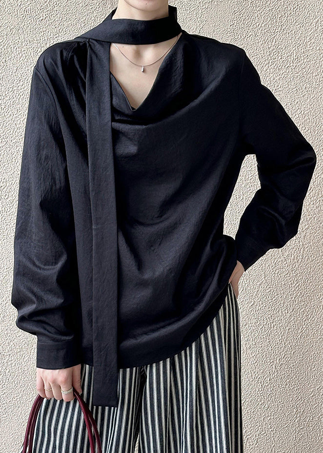 Black Loose Cotton Shirt Bow Long Sleeve
