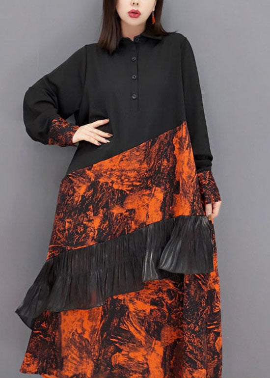 Art Red Peter Pan Collar Print Patchwork Vacation Dresses Spring