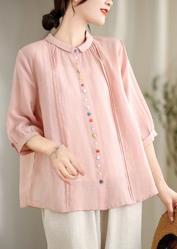 Pink Peter Pan Collar Cotton Shirt Top Half Sleeve