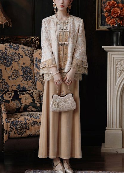 New Yellow Chinese Button Coat and Silk Velvet Skirts Two Pieces Set Fall