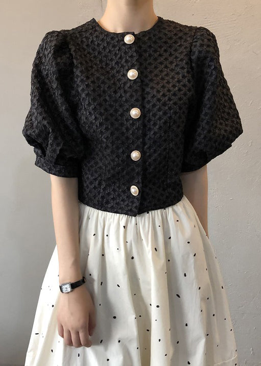 Black Button Wrinkled Cotton Blouseso Neck Puff Sleeve