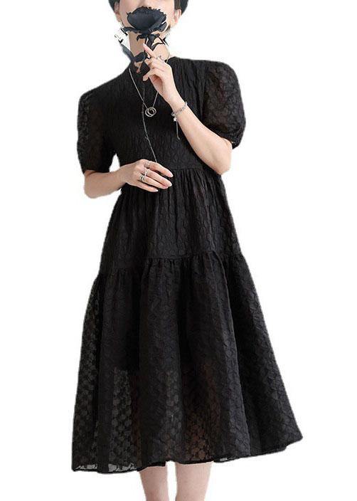 Italian Black Puff Sleeve Patchwork Summer Dress Short Sleeve